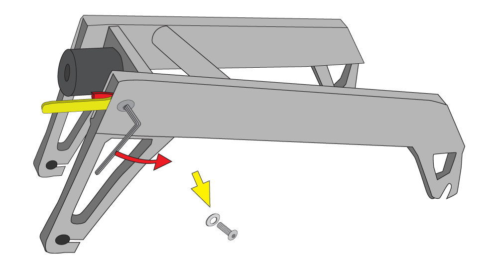 10mmのスパナでナットを抑えたまま4mmの六角レンチで固定ボルトを緩めて外します