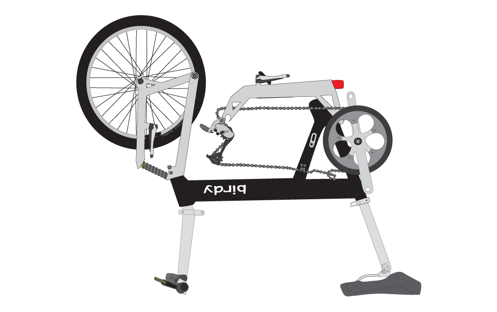 折りたたみの時に操作する自転車左側のフィッシュボーンを持ち上げて後フレームを畳みます