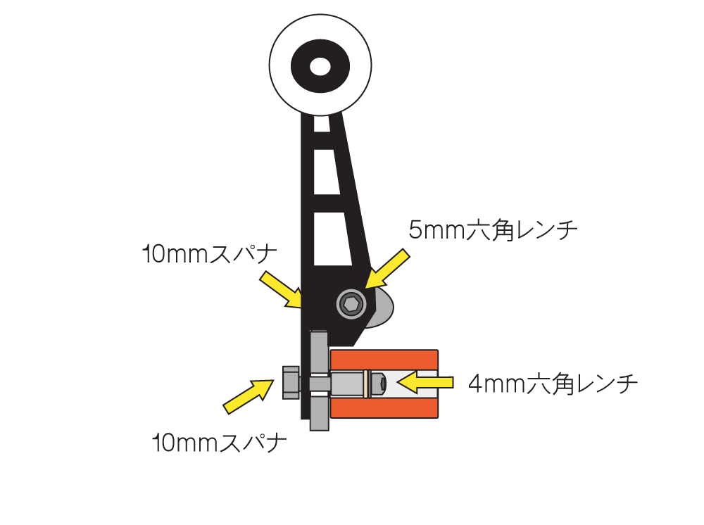 フォールディングホイールの側面は５ｍｍの六角レンチと１０ｍｍのスパナ。エラストマーは４ｍｍの六角レンチと１０ｍｍのスパナを使用してシッカリ固定して作業終了です