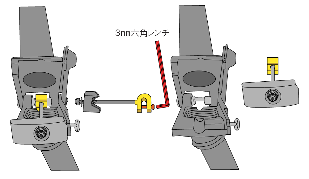 ３ｍｍの六角レンチでＵの字の金具を固定しているボルトを外す事でコの字金具を外せます。