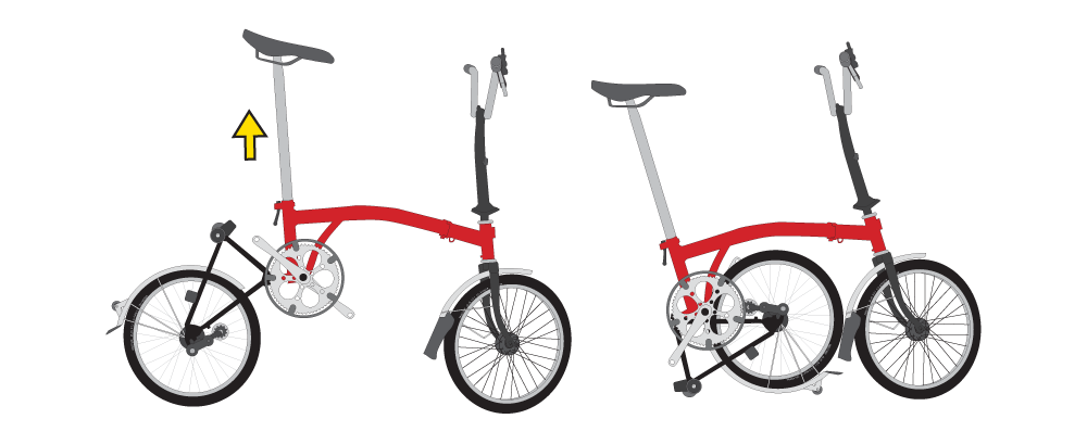 ＢＲＯＭＰＴＯＮのサドルかシートピラーを持って自転車を持ち上げると後輪がたためます