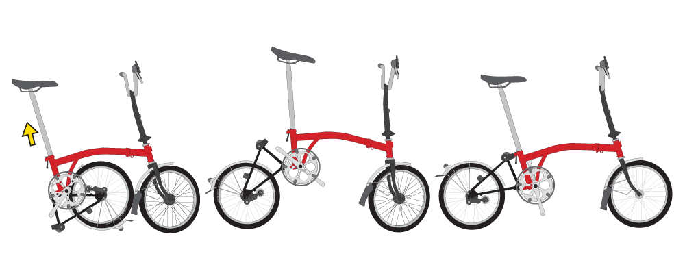 ＢＲＯＭＰＴＯＮのサドルかシートピラーを持って自転車を持ち上げると後輪がクルンと元に戻ります