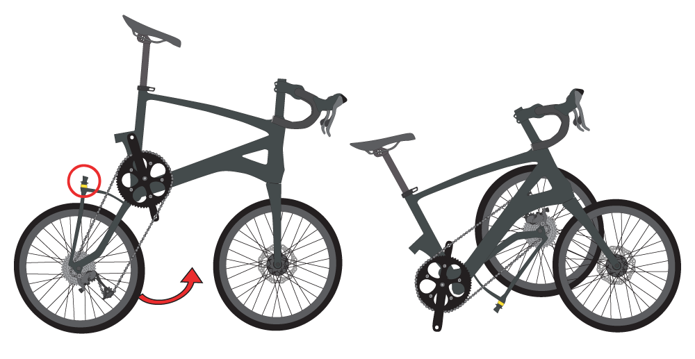 自転車を持ち上げて後輪を前側に畳みます